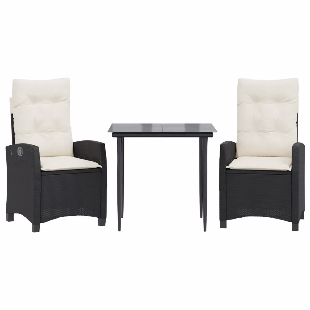 Set da Pranzo da Giardino 3 pz vidaXL in Polyrattan Nero con Cuscini e Tavolo in Vetro – 2