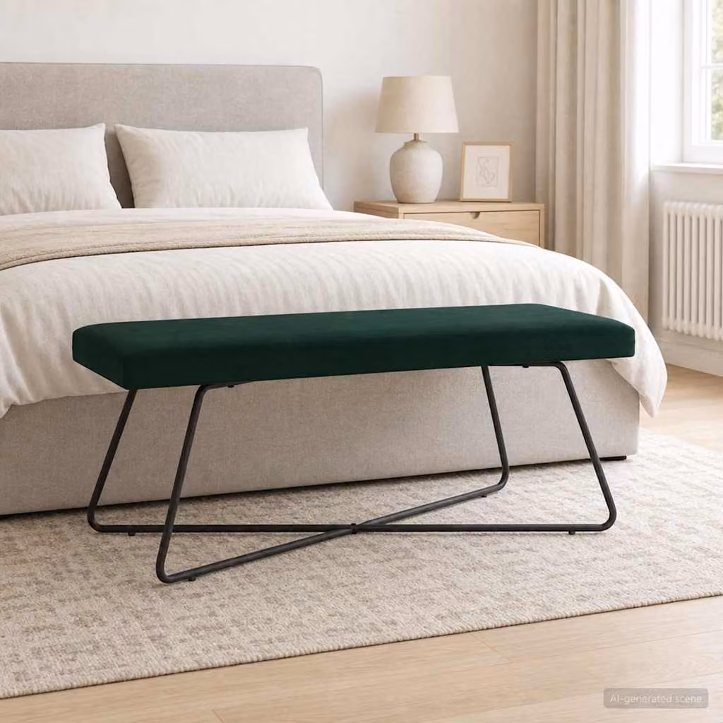 Panchina moderna vidaXL in velluto verde con struttura in metallo e legno, L 110 x P 40 x H 45 cm