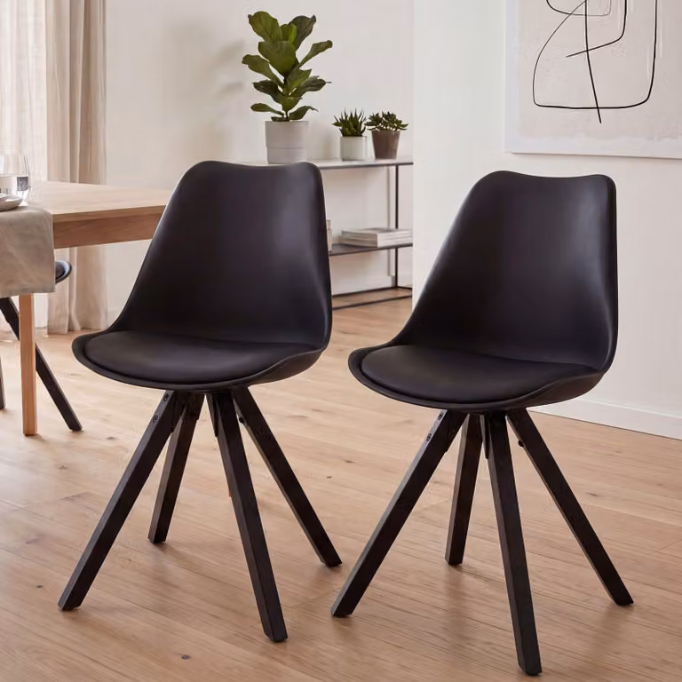FineBuy, set da 2 sedie da pranzo retrò nere con gambe nere, sedia imbottita in stile scandinavo con schienale, sedia da cucina imbottita