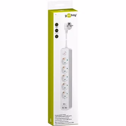 goobay striscia di prese a 5 vie con interruttore e 2 porte USB bianco 1,5 m (1 scatola pieghevole)