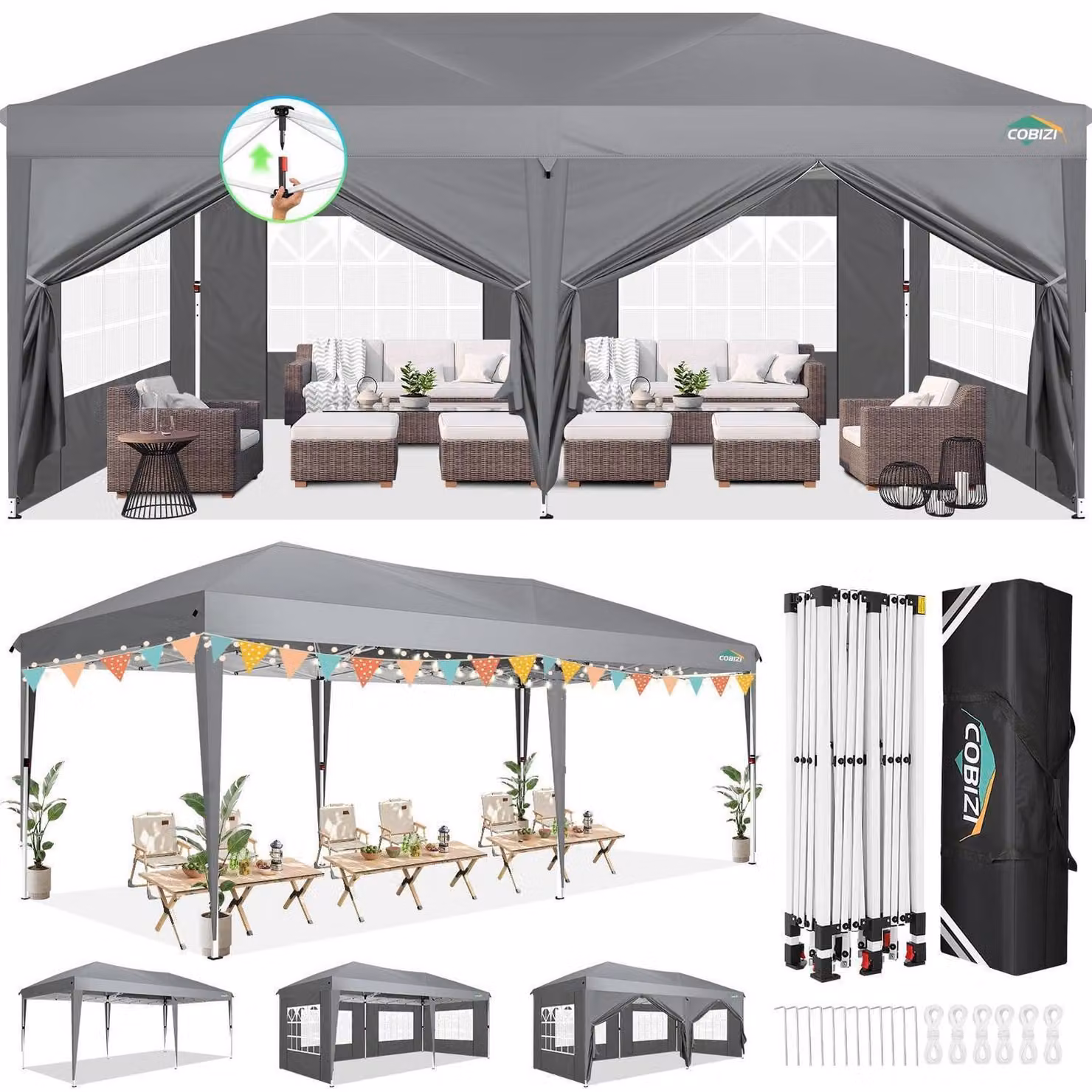 Gazebo da esterno 3x6 metri, grigio, impermeabile, con 6 pannelli laterali, altezza regolabile, protezione UV 50+