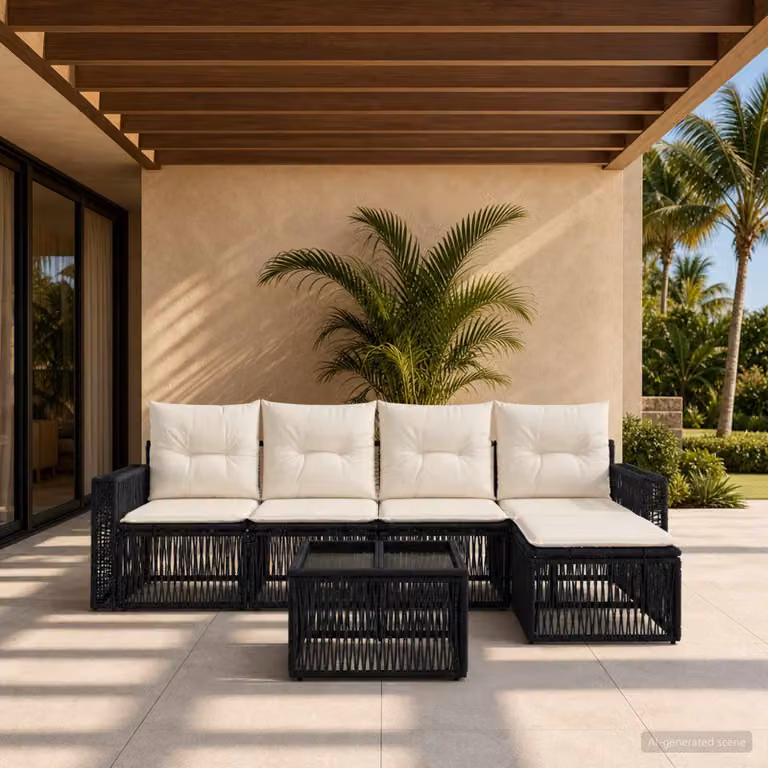 Set Divano da Giardino vidaXL 6 pz in Polyrattan Nero e Bianco Crema con Cuscini e Tavolino, Design Moderno a L per Terrazza e Giardino