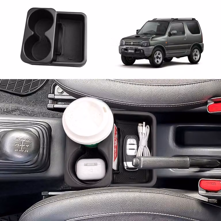 Contenitore portaoggetti per la console centrale, compatibile con Suzuki Jimny JB23 JB33 (cambio manuale), colore nero, con tappetino antiscivolo
