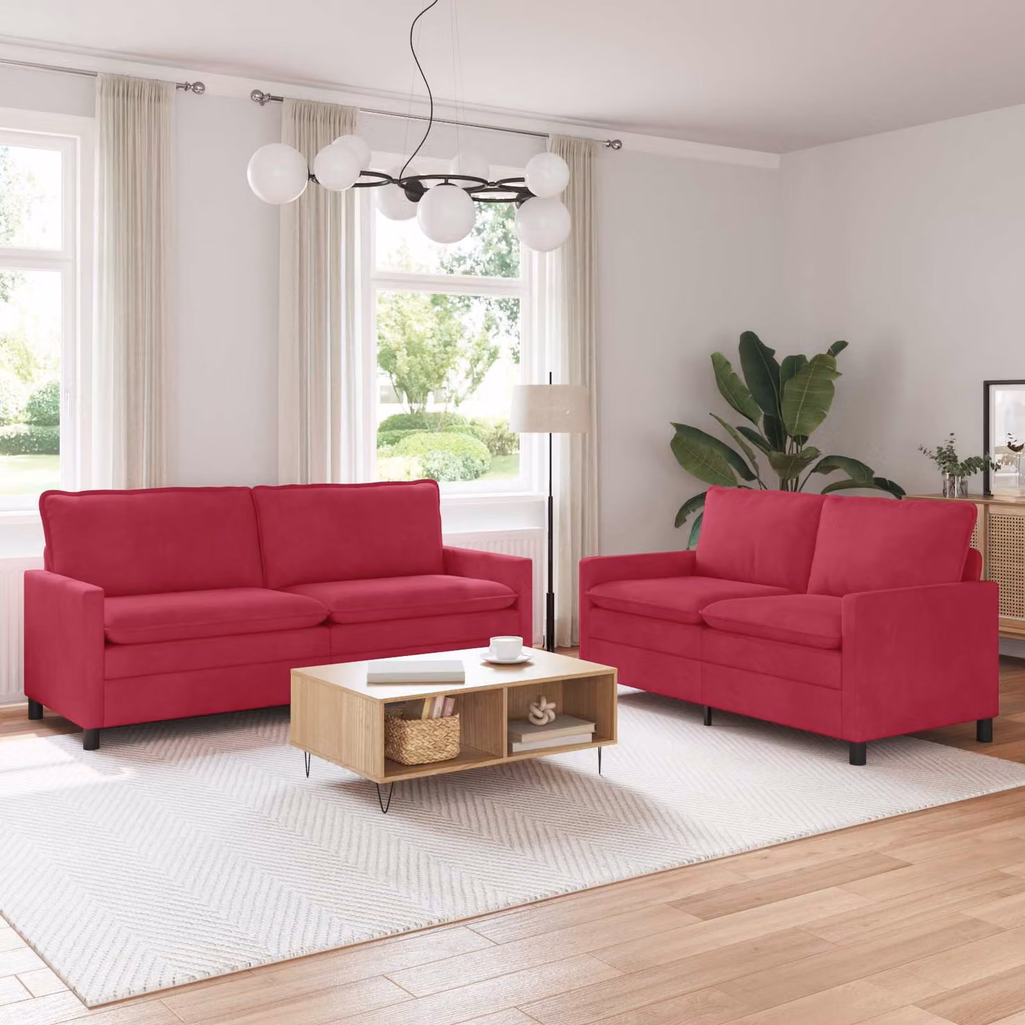 Set di 2 divani moderni vidaXL in velluto rosso con cuscini e coperture rimovibili