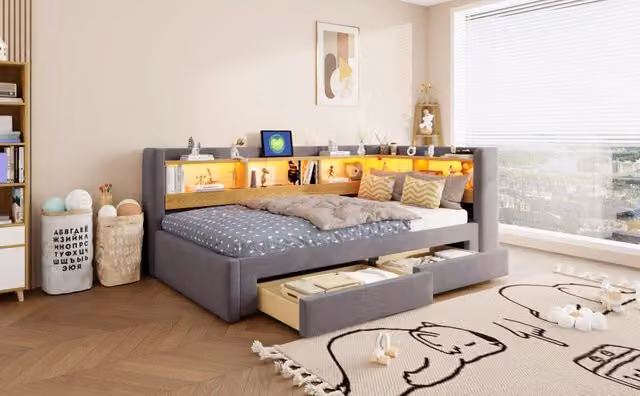 Divano letto estraibile 3 in 1 90x200 cm con cassetti; LED e presa; grigio