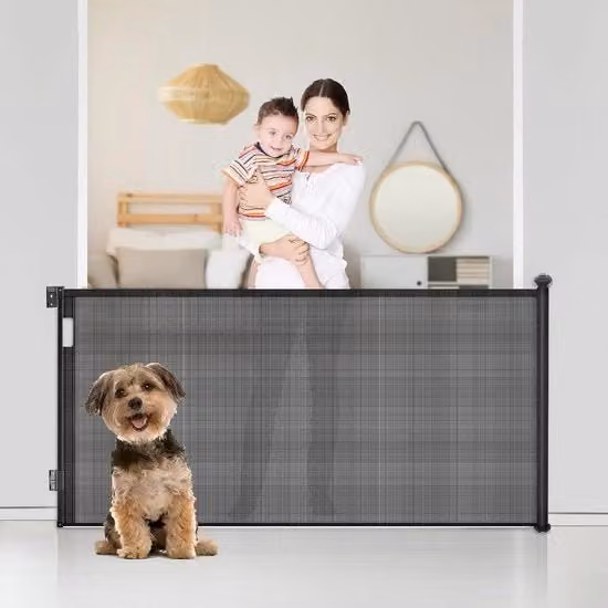 Barriera di sicurezza retrattile in tessuto grigio per bambini e animali, ideale per porte e scale, uso interno ed esterno, larghezza regolabile da 0 a 140 cm