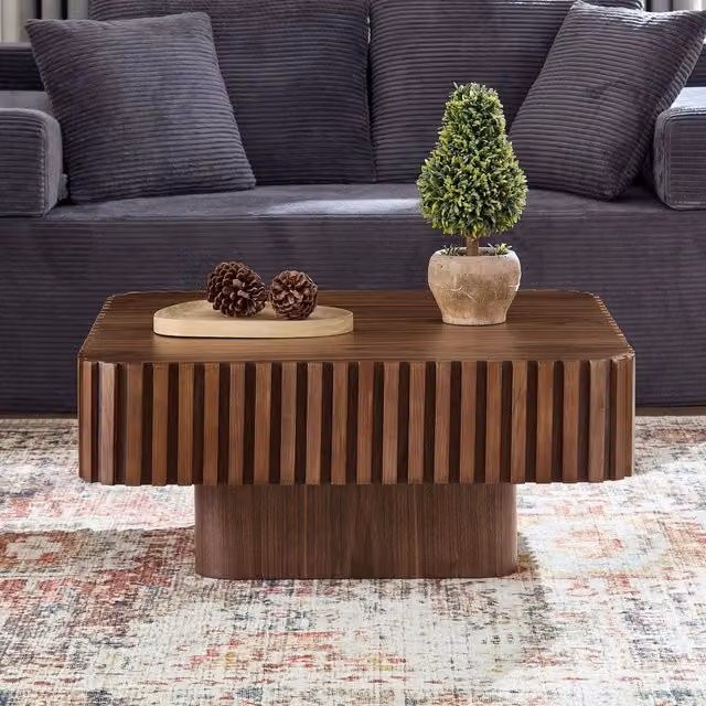 Tavolino da Salotto Quadrato 80x80x35 cm, MDF Colore Noce con Telaio in Legno Massello Scanalato Fatto a Mano, Design Minimalista Moderno per Soggiorno