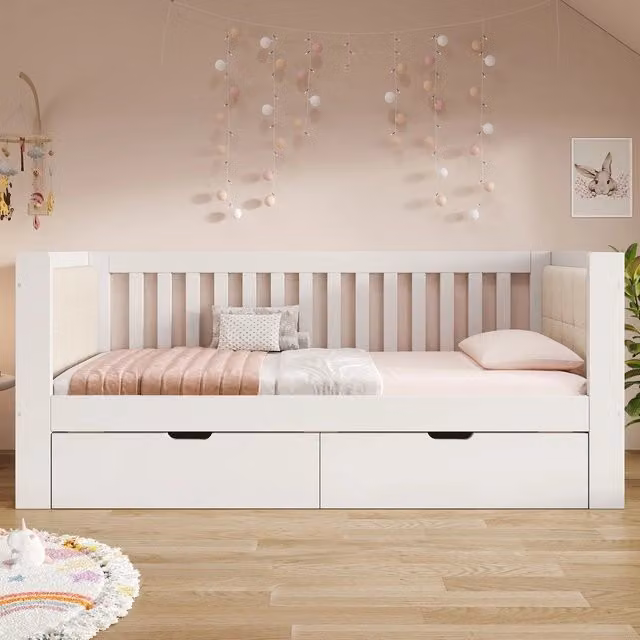 Divano Letto 90x190 ¨C Xylo ¨C Bianco, Legno, 2 Cassetti, Braccioli Arrotondati