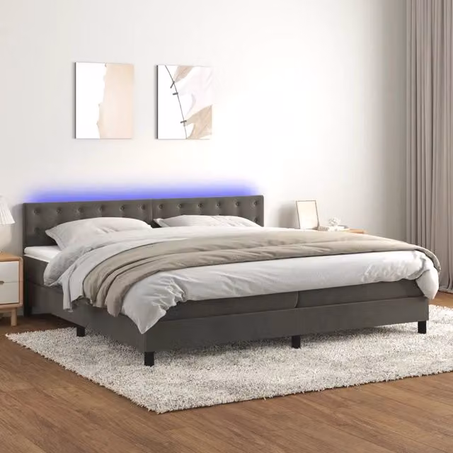 Letto Ibrido vidaXL con Materasso, Illuminazione LED Sotto il Letto e Porte USB, Rivestimento in Velluto Grigio e Bianco, L/P: 200 x 200 cm – 1