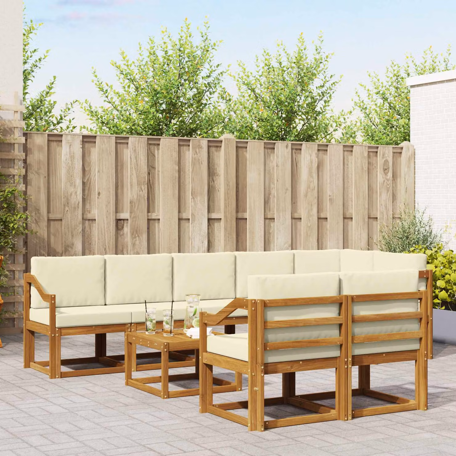 vidaXL Set di divani da esterno a L in legno di acacia con cuscini, 9 pezzi, Beige e Marrone