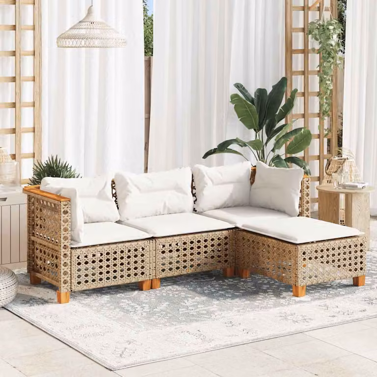 vidaXL Set Divano da Giardino a L 4 pz in Polyrattan con Cuscini Beige e Struttura in Legno di Acacia