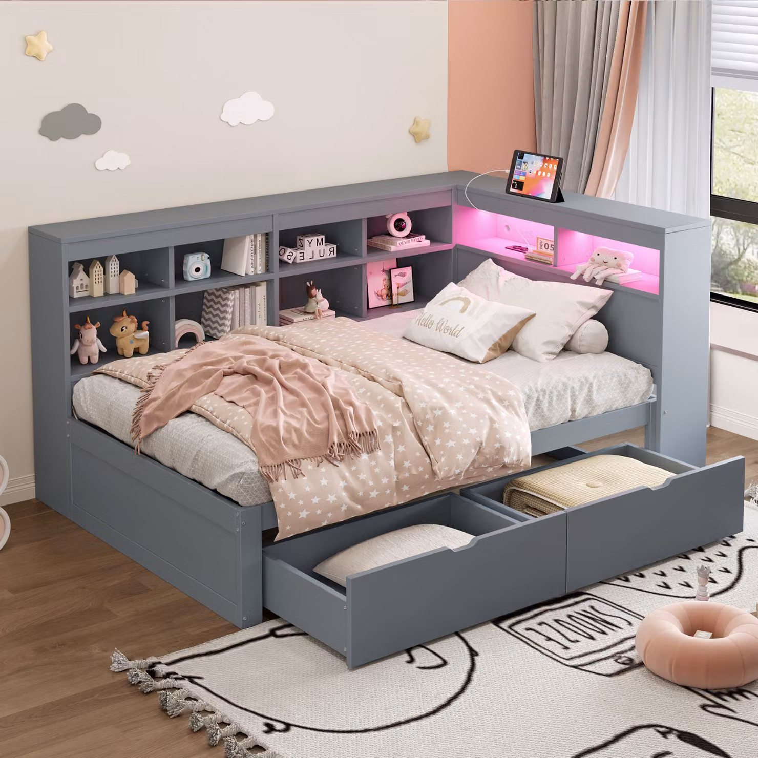 STILVORA Divano letto per ragazzi 90×200 cm, divano letto con presa USB, striscia luminosa a LED e cassetti, grigio (con materasso)