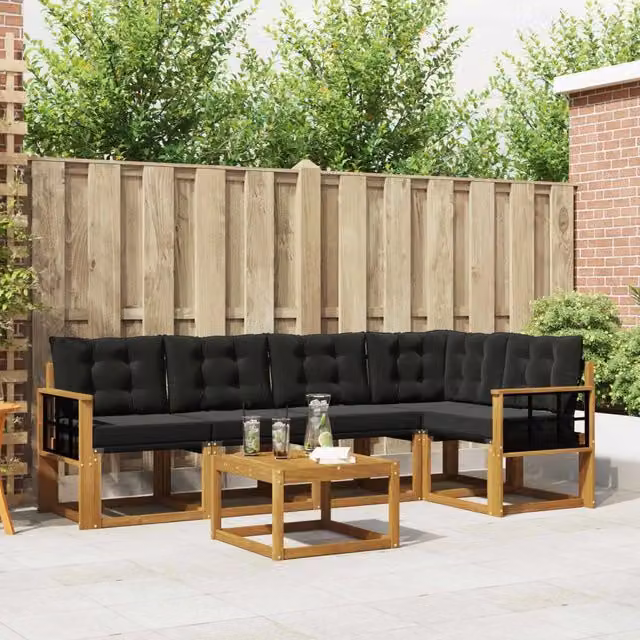 Set di divani da esterno a L con tavolino vidaXL, 6 pezzi in legno di acacia e tessuto textilene, marrone e nero – 1