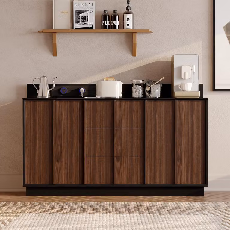 Mobile contenitore Schwarz, finitura effetto legno lucido, 150 cm, 3 cassetti, 2 ante, con presa di corrente