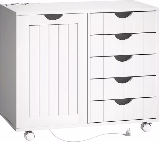 Carrello Mobile per Stampante HOMCOM con Stazione di Ricarica USB, 5 Cassetti e Ruote, Bianco