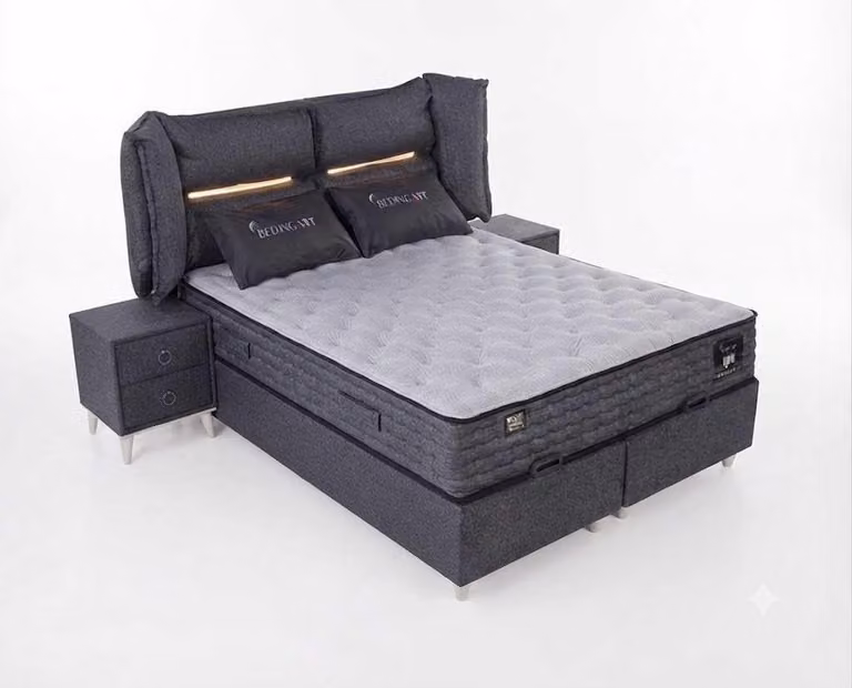 Letto grigio imbottito 180x200, comodini, rivestimento in tessuto, legno, design moderno