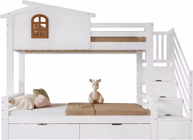 Letto a castello per bambini con cassetti; materassi 90x200 e 120x200; bianco e legno naturale