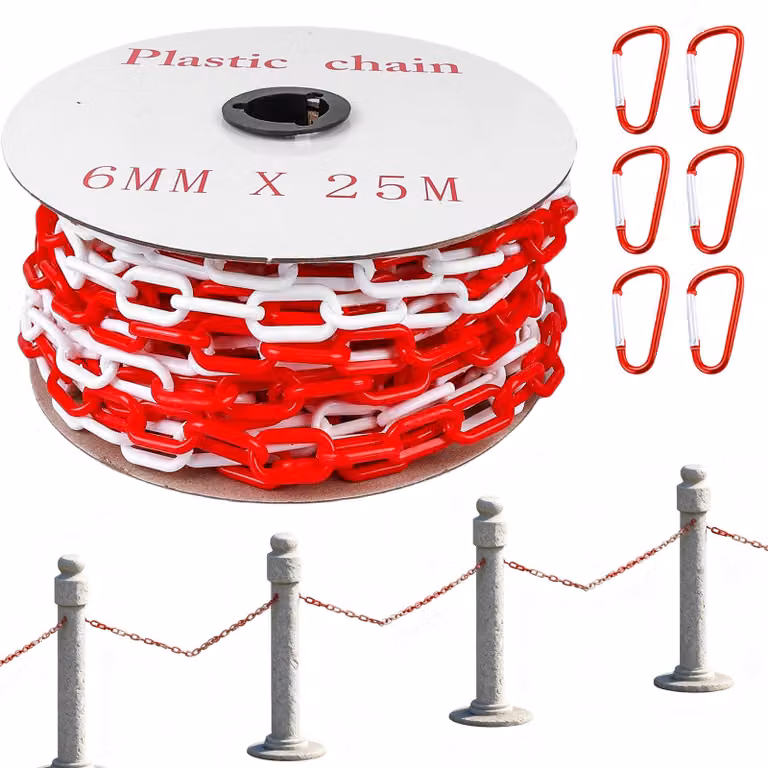 Catena di delimitazione da 25 metri, diametro 6 mm, rosso e bianco, in plastica, con 6 ganci a uncino