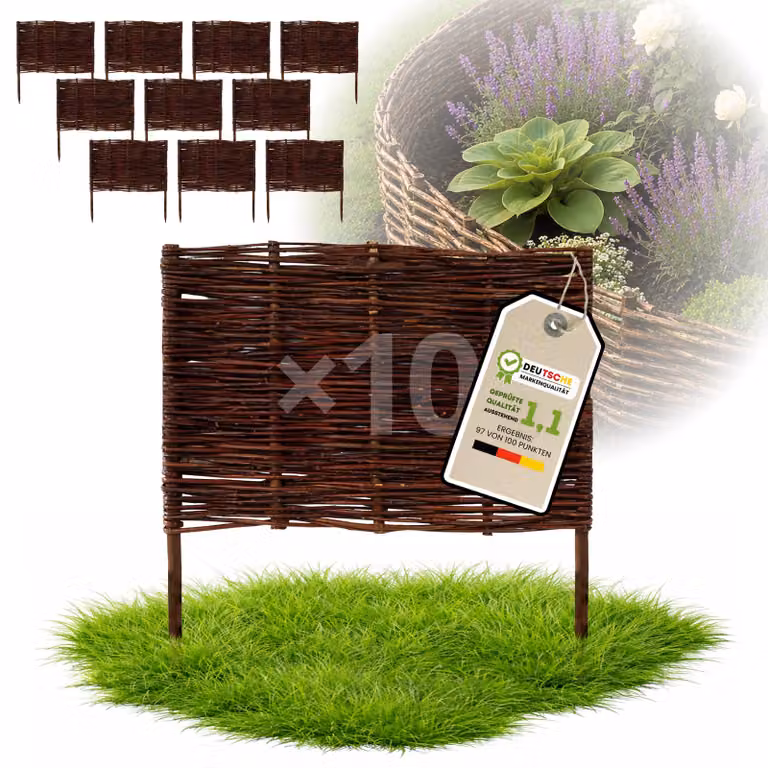 Floranica 10 pezzi Recinzione in vimini 60 cm x 60 cm – Staccionata da giardino intrecciata Palizzata Recinzione naturale Bordo aiuola