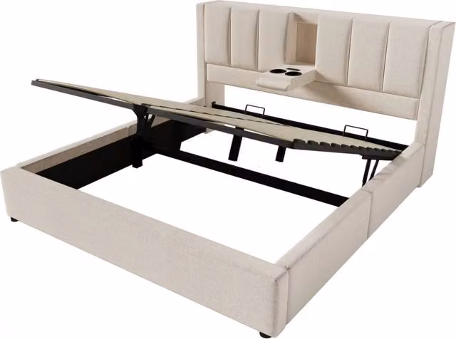 Letto imbottito 140x200 cm con contenitore, portabicchieri nascosto e stazione di ricarica USB, con rete a doghe e materasso incluso, beige