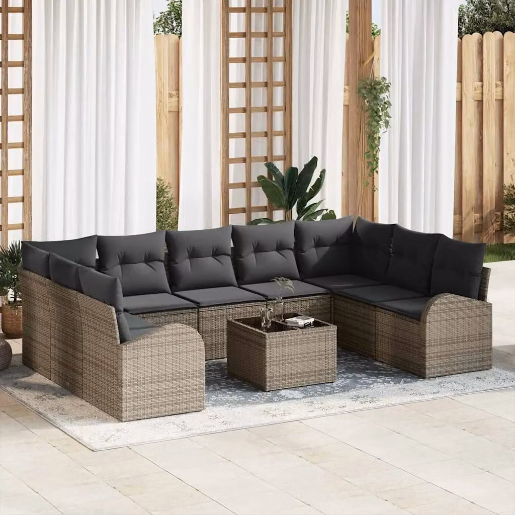 Set Divano da Giardino vidaXL 10 Pezzi Grigio con Cuscini e Tavolino in Polyrattan e Metallo – 1