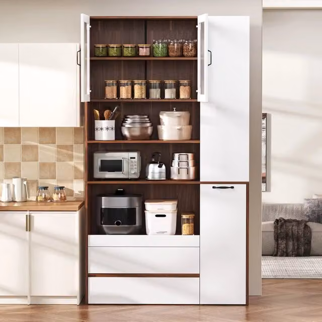 Credenza con ripiani estraibili cassetti e ante in vetro rigato MDF bianco e noce 100 × 40 × 200 cm