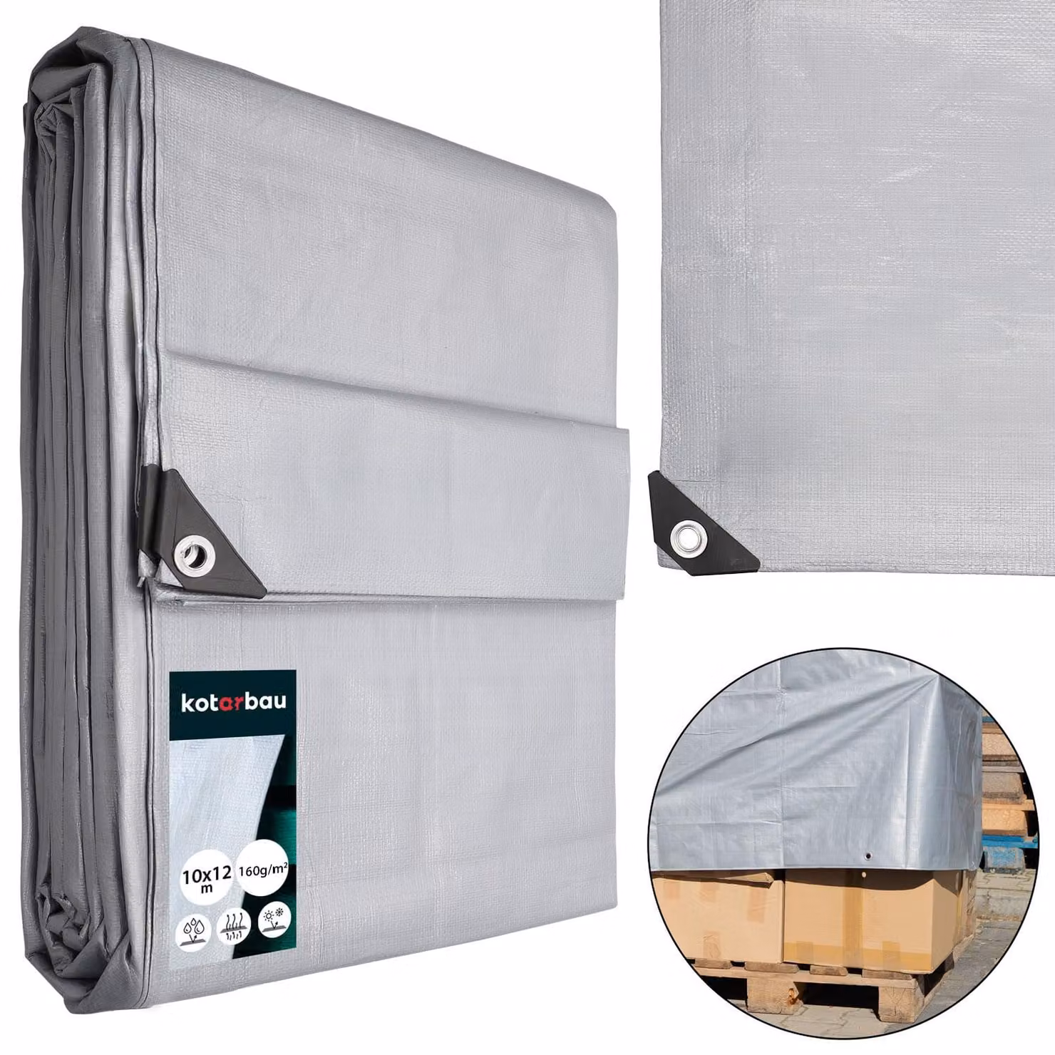 Telo in tessuto KOTARBAU® 10x12 m, colore argento, 160 g/m², telo di copertura, telo rinforzato con occhielli, telo protettivo, telo per edilizia, con corda, impermeabile, resistente allo strappo, telo industriale
