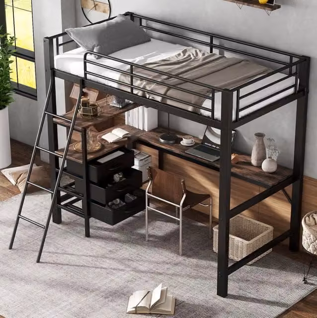 Letto a soppalco 90x200 cm in metallo e legno; nero; con scrivania da 2 m e 3 cassetti