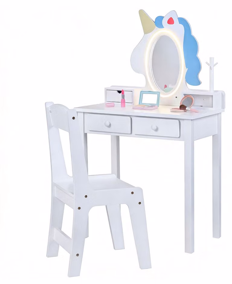 COSTWAY, tavolino da trucco per bambini, 2 in 1: tavolino da parrucco con illuminazione e 2 colori di luce. Tavolino da trucco per bambini con specchio, portagioie e cassetti, colore bianco