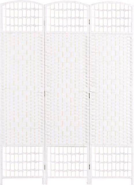 Paravento a 3 Ante Pieghevole HOMCOM in Legno e Rattan, Autoportante, Bianco, L: 120 cm, H: 170 cm, P: 30 cm