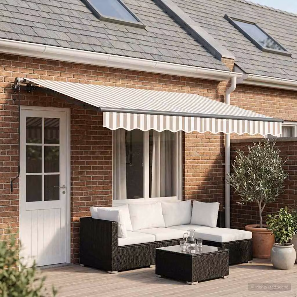 Tenda retrattile vidaXL con bracci pieghevoli in alluminio e tessuto in poliestere, Grigio chiaro e bianco, L 400 cm x P 300 cm