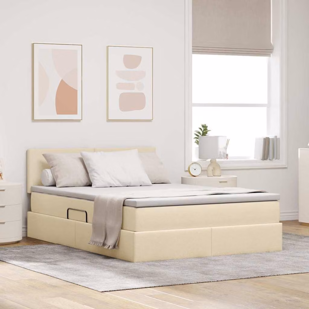 Letto con contenitore e materasso vidaXL con illuminazione LED, colore beige, L/P/H: 140 x 200 x 88 cm