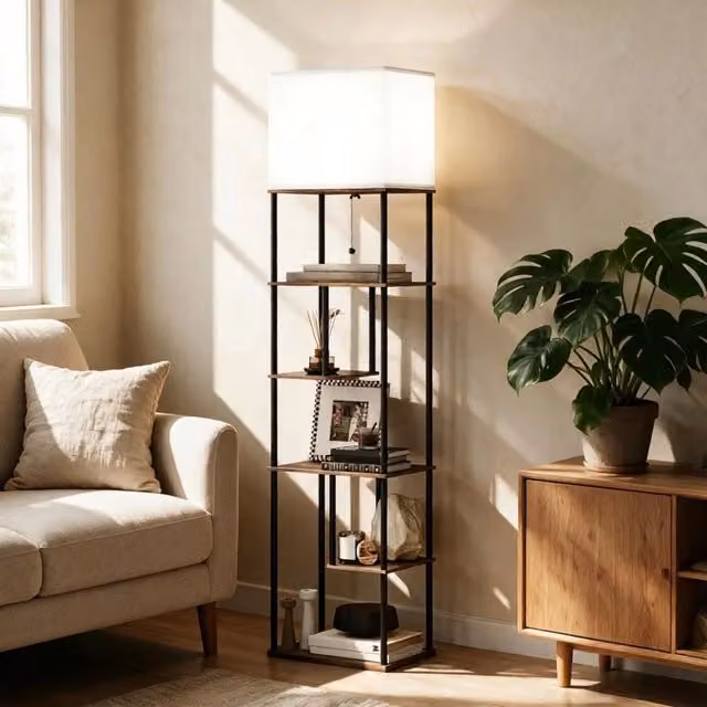 Lampada da terra con 5 ripiani beige e nero, dimmerabile con telecomando e timer, H 171 x L 40 x P 29 cm – 1