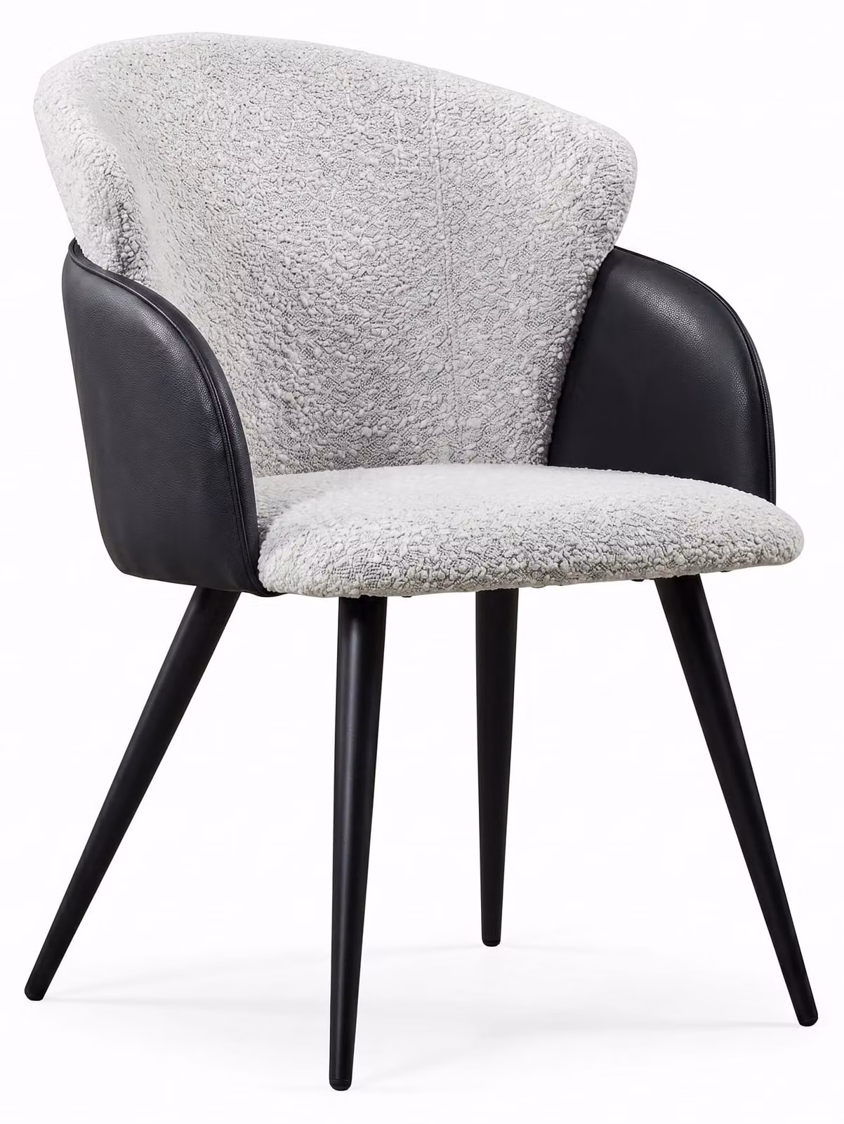 Poltrona imbottita "Teddy" con braccioli, rivestita in tessuto bouclé grigio scuro, con struttura in ecopelle, ideale come sedia