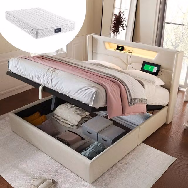 Letto imbottito matrimoniale contenitore con LED ¨C Minimal ¨C tessuto lino 140x200cm con rete a doghe e materasso