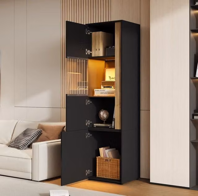 Vetrina alta con LED regolabile 50x40x179 cm in truciolare e acrilico nero naturale