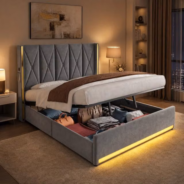 Letto matrimoniale 180x200 cm in velluto grigio scuro con contenitore; LED; USB e Type-C