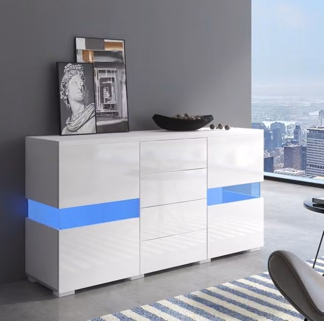 Madia con LED controllabili via app; 2 ante in acrilico e 4 cassetti; MDF bianco; 140 x 35 x 72 cm