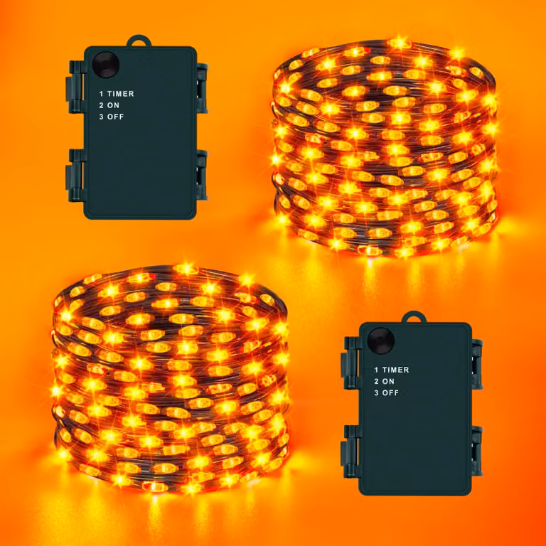 Set di 2 catene luminose a tema Halloween, lunghezza 10 metri, 100 LED, colore arancione, con timer, grado di protezione IP65