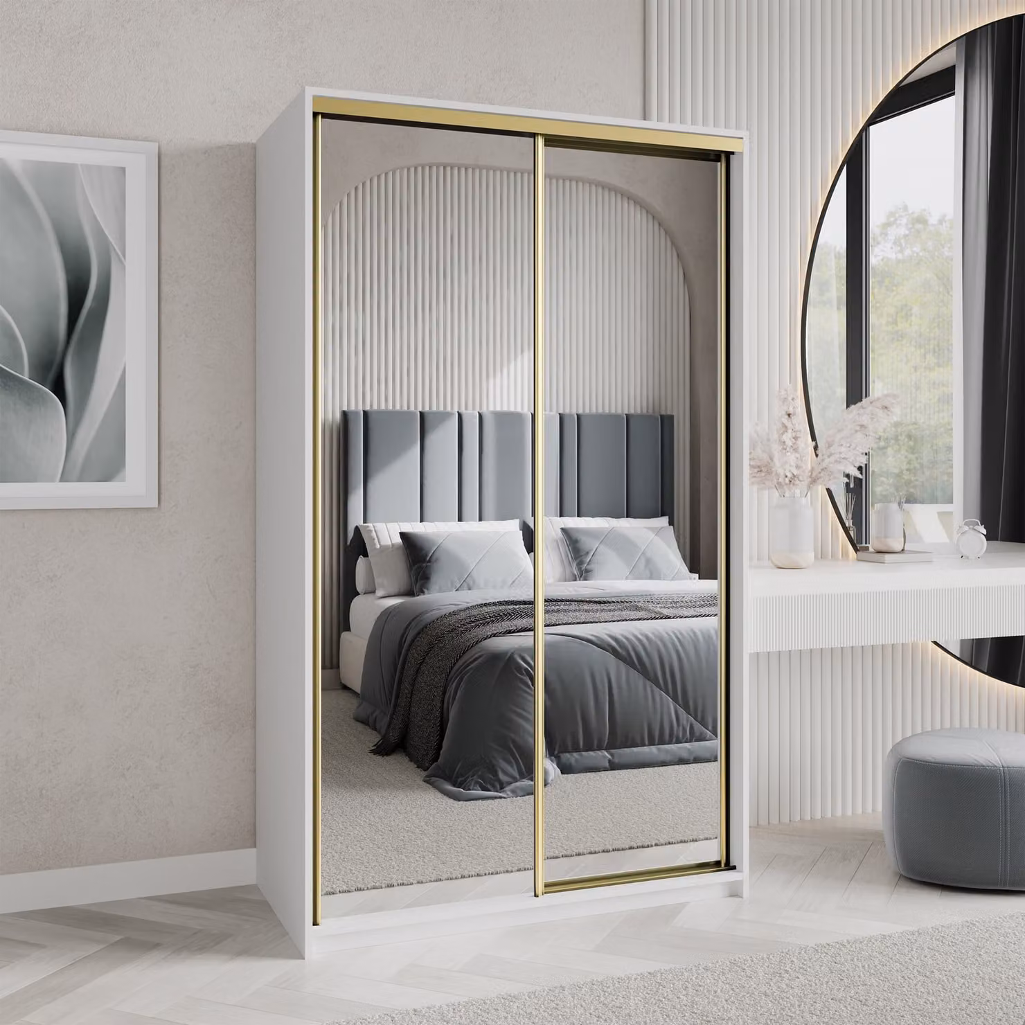Armadio scorrevole Masseno RIEN 120/205/60 cm Armadio con cassetti Armadio per camera da letto a 2 ante con specchio Bianco + Oro