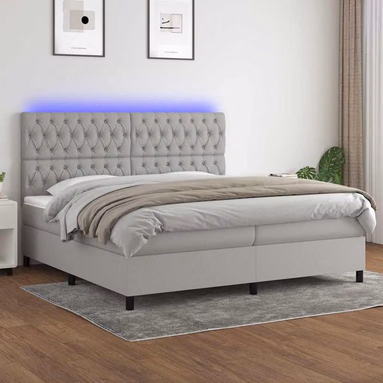 Letto a Molle con Materasso e Illuminazione LED vidaXL, Grigio Chiaro e Bianco, L/P: 200 x 200 cm
