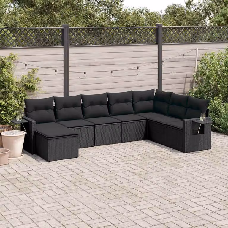 vidaXL Set Divani da Giardino a L con Cuscini 8 pz in Polyrattan Nero con Tavolino e Ottoman