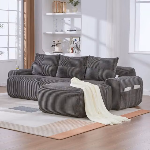 Divano modulare a L WISHDOR in tessuto corduroy grigio con portabicchieri, L: 268 cm, P: 80 cm, H: 80 cm