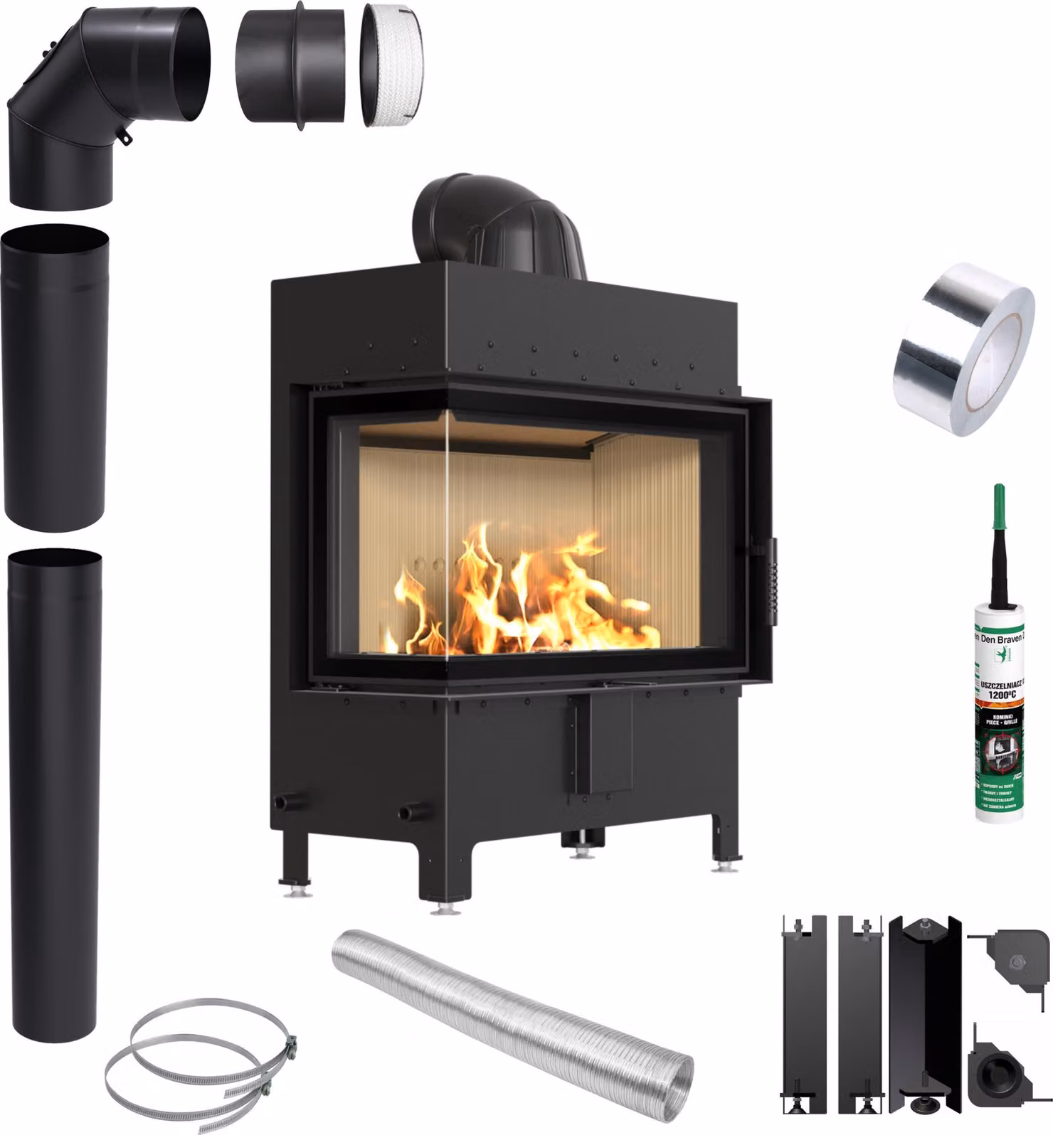 Inserto per caminetto KRATKI LUCY Sinistra 14 kW Ø200 Set di montaggio con serratura