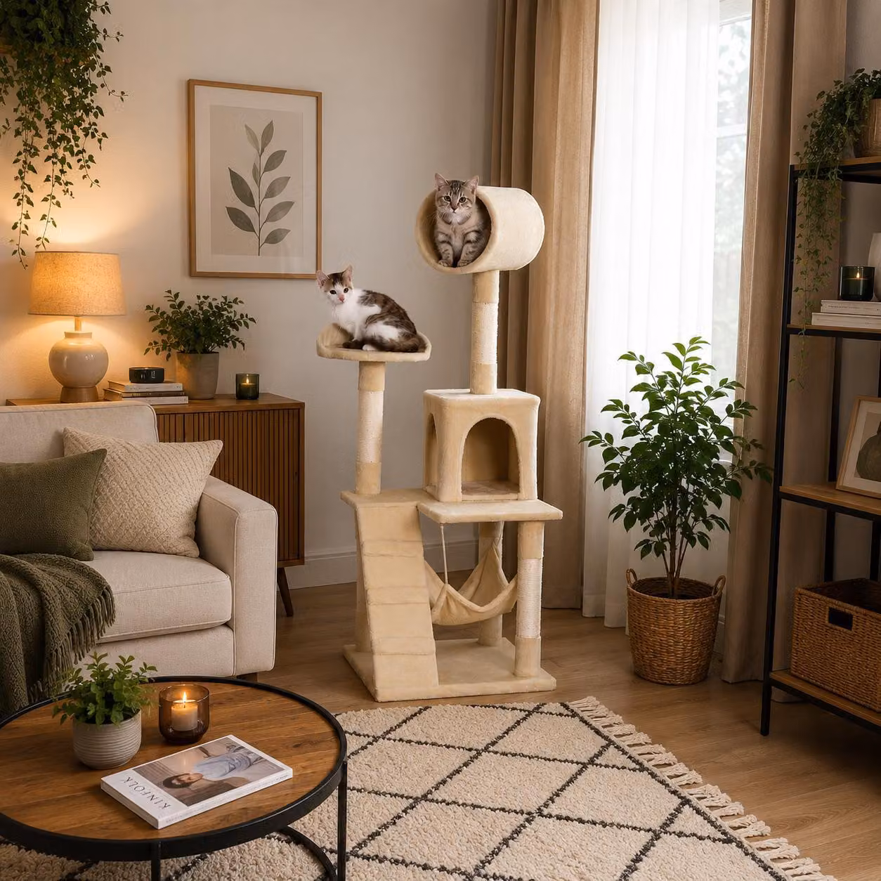 Tiragraffi per gatti Belviona, albero da arrampicata per gatti con cuccia, amaca, scaletta e piattaforma di riposo, 133 cm, beige