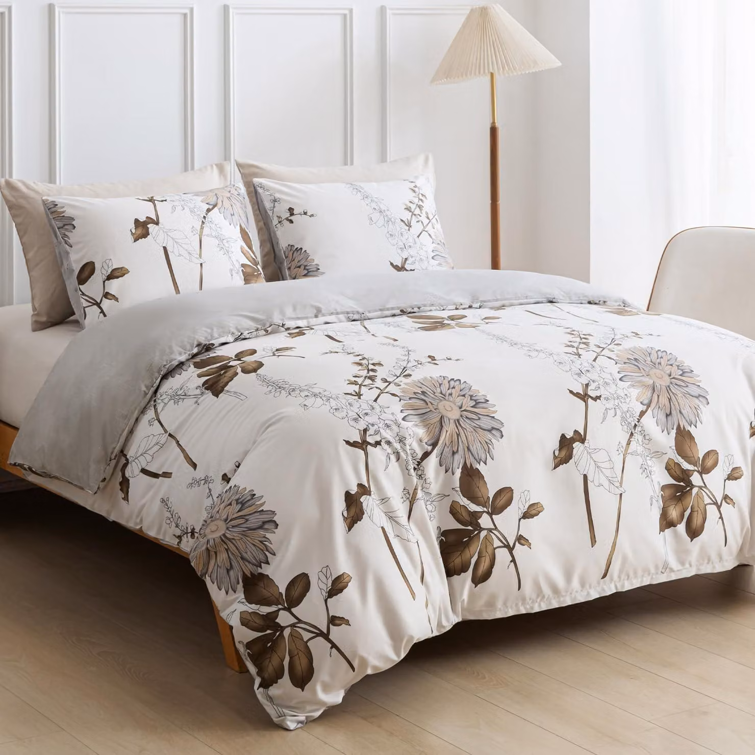 Omgoods - Set di lenzuola per piumino matrimoniale 200x200 cm - Motivo floreale con girasoli e chiusura a zip