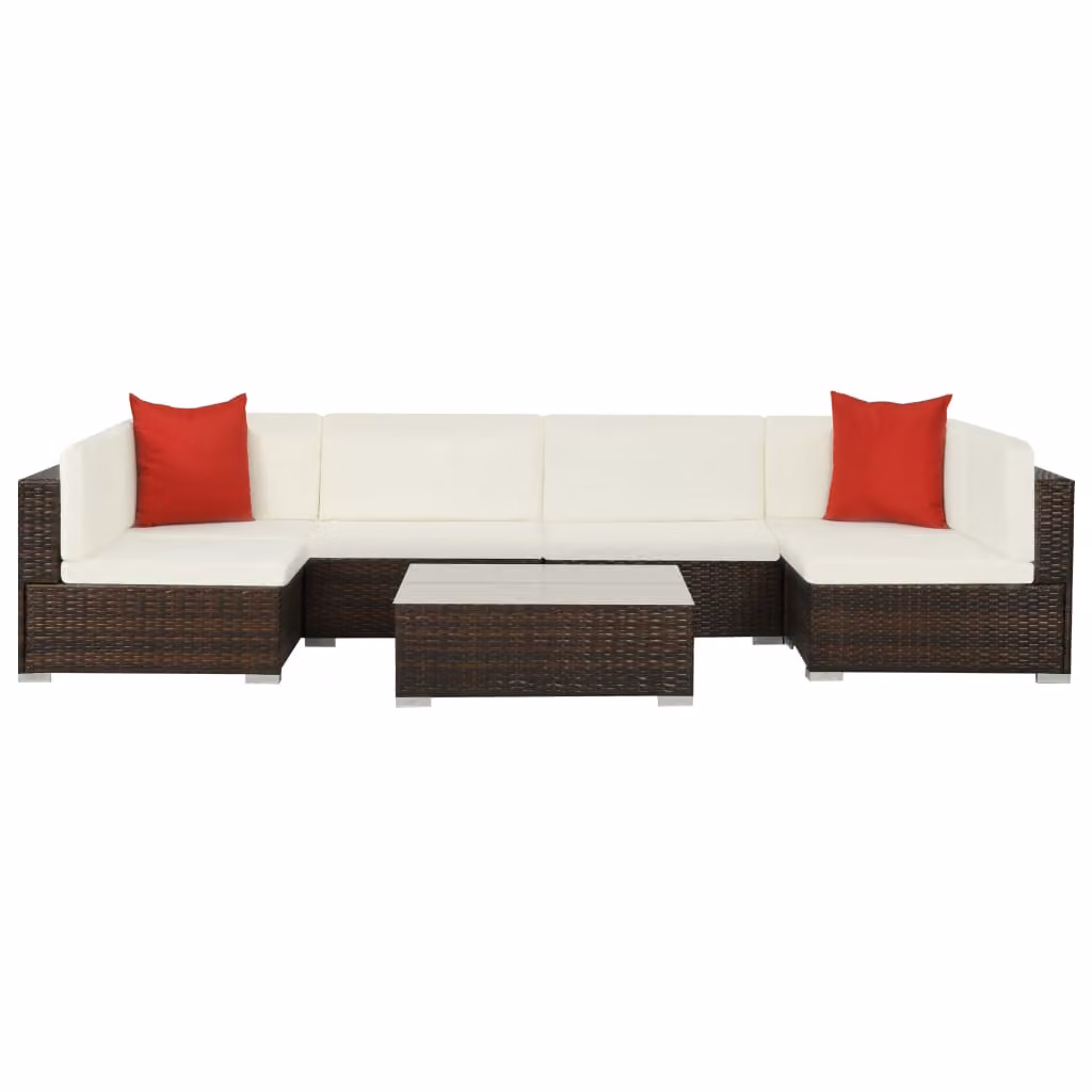 set 7 pezzi da giardino con cuscini in rattan marrone
