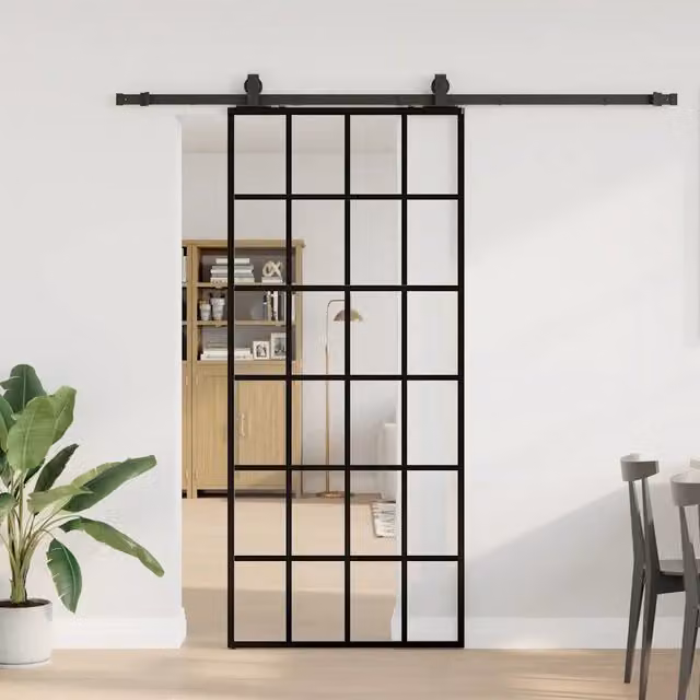 Porta Scorrevole Moderna VIDAXL in Vetro Trasparente con Telaio in Alluminio e Ferramenta Nera L: 90 cm, H: 205 cm