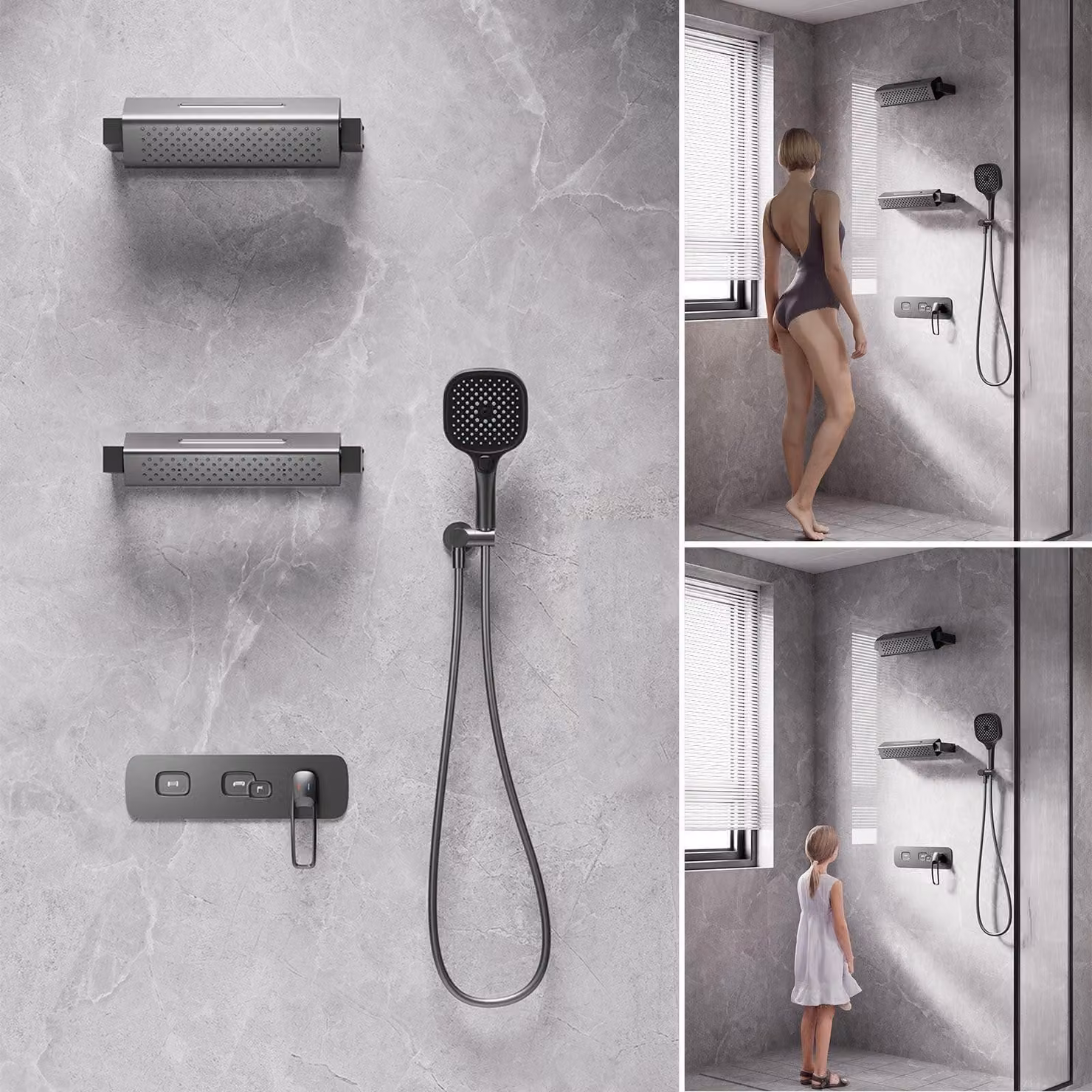 Sistema doccia da parete, 4 modalità, rotazione a 360°, dimensioni 350x90 mm, in ottone