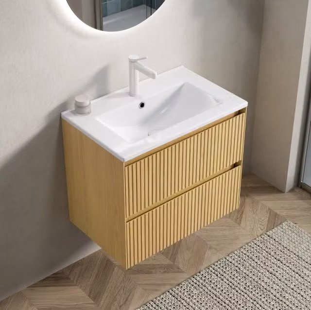 Lavabo da bagno sospeso 61 cm con lavabo integrato in ceramica bianca e mobile in compensato rigato con 2 cassetti, finitura effetto legno Collora
